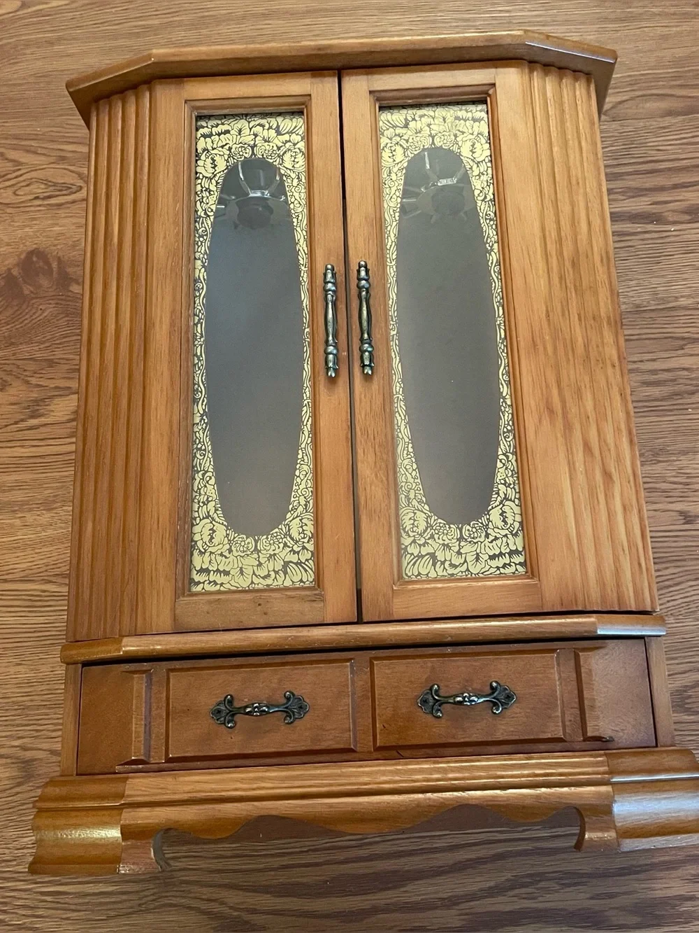 Vintage Large Wood Armoire Style Jewelry Box Gold Etched Glass Doors 17”
